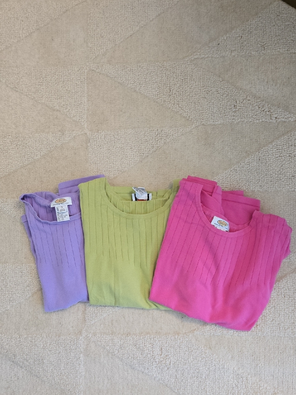 Lot Of 3 Talbots Short-Sleeve Knit Tops in Lt. Green, Bright Pink, & Lavender